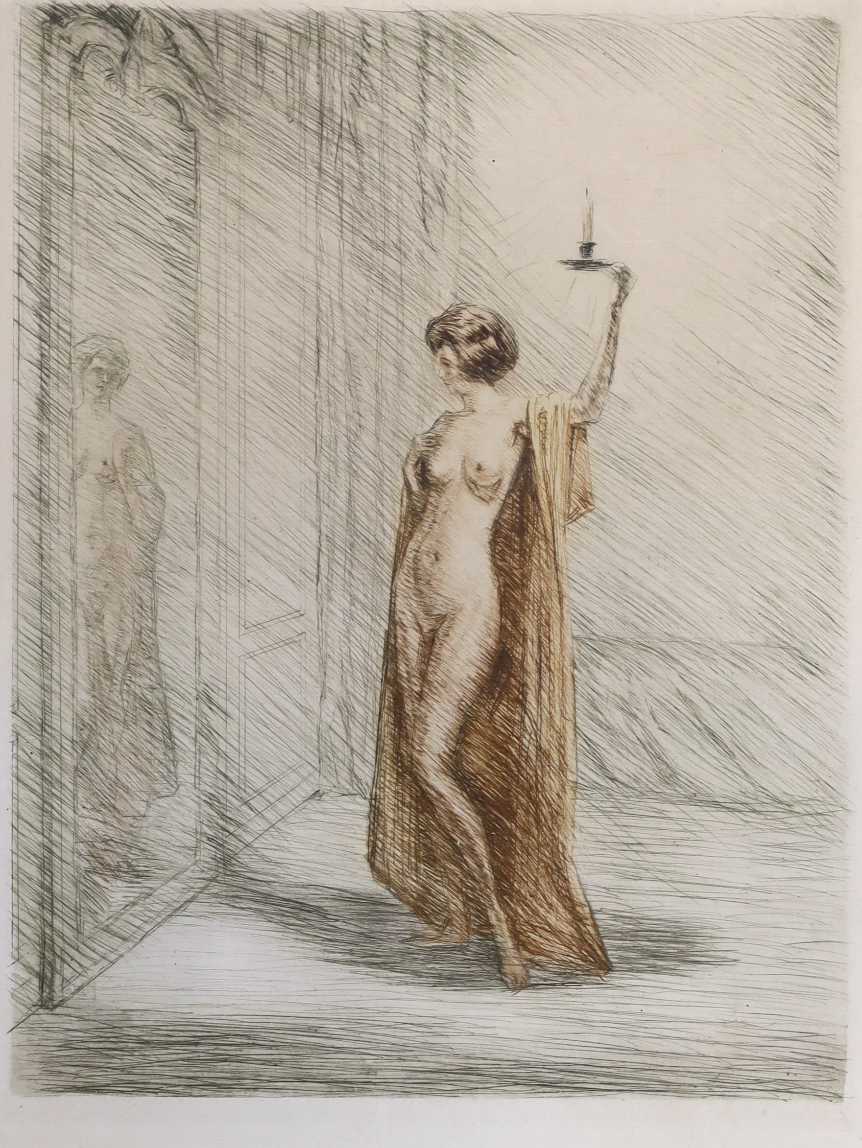 Otto Goetze (1868-1931), colour etching, Nude admiring herself by candle light, signed in pencil, 28 x 22cm